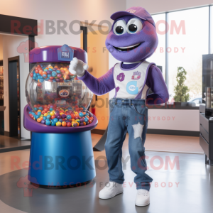 Purple Gumball Machine mascot costume character dressed with a Boyfriend Jeans and Earrings