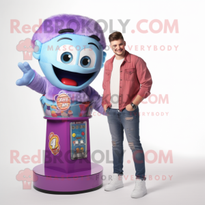 Purple Gumball Machine mascot costume character dressed with a Boyfriend Jeans and Earrings