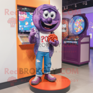 Purple Gumball Machine mascot costume character dressed with a Boyfriend Jeans and Earrings