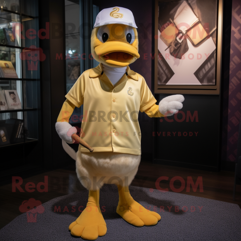 Gold Gosling mascot costume character dressed with a Baseball Tee and Pocket squares Gold Gosling mascot costume character dressed with a Baseball Tee and Pocket squares
