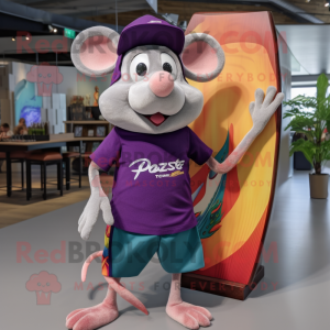 Magenta Ratatouille mascot costume character dressed with a Board Shorts and Beanies