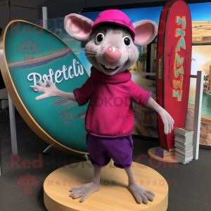 Magenta Ratatouille mascot costume character dressed with a Board Shorts and Beanies