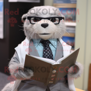 Gray Otter mascot costume character dressed with a Suit Pants and Reading glasses