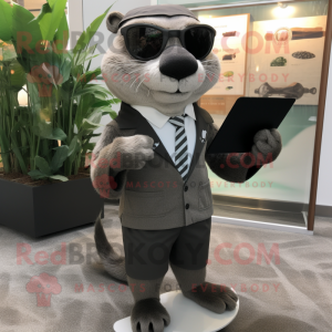 Gray Otter mascot costume character dressed with a Suit Pants and Reading glasses