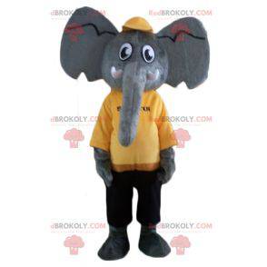 Gray elephant mascot in yellow and black outfit - Redbrokoly.com