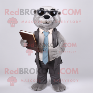 Gray Otter mascot costume character dressed with a Suit Pants and Reading glasses