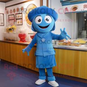 Blue Ramen mascot costume character dressed with a Capri Pants and Berets