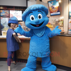 Blue Ramen mascot costume character dressed with a Capri Pants and Berets