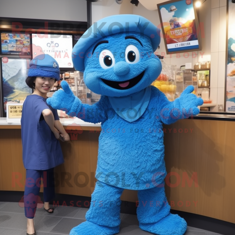 Blue Ramen mascot costume character dressed with a Capri Pants and Berets Blue Ramen mascot costume character dressed with a Capri Pants and Berets
