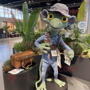 Olive Geckos mascot costume character dressed with a Chambray Shirt and Coin purses