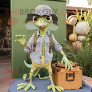 Olive Geckos mascot costume character dressed with a Chambray Shirt and Coin purses