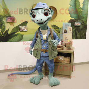 Olive Geckos mascot costume character dressed with a Chambray Shirt and Coin purses
