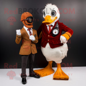 Rust Muscovy Duck mascot costume character dressed with a Suit and Bracelet watches