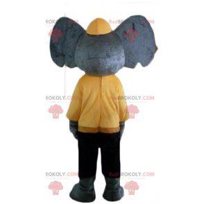 Grijze olifant mascotte in gele en zwarte outfit -