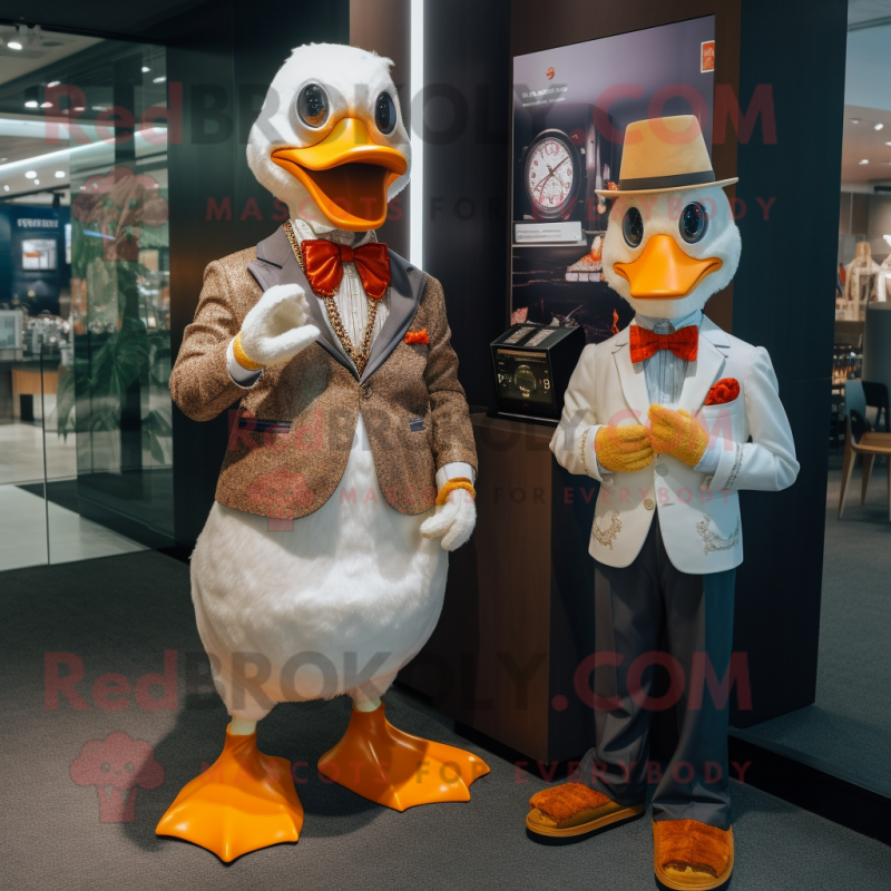 Rust Muscovy Duck mascot costume character dressed with a Suit and Bracelet watches