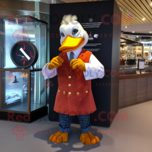 Rust Muscovy Duck mascot costume character dressed with a Suit and Bracelet watches