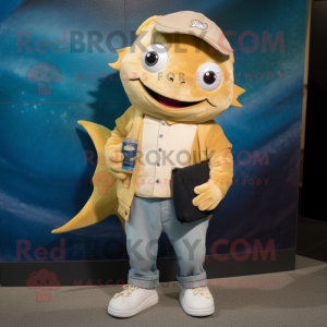 Gold Tuna mascot costume character dressed with a Boyfriend Jeans and Wallets