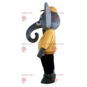 Grijze olifant mascotte in gele en zwarte outfit -