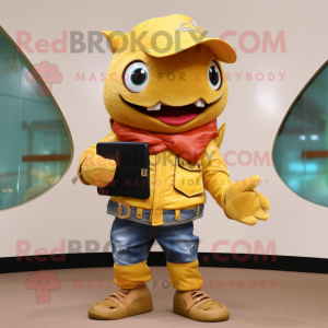 Gold Tuna mascot costume character dressed with a Boyfriend Jeans and Wallets