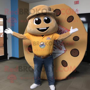 Tan Pizza Slice mascot costume character dressed with a Jeans and Keychains