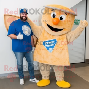 Tan Pizza Slice mascot costume character dressed with a Jeans and Keychains