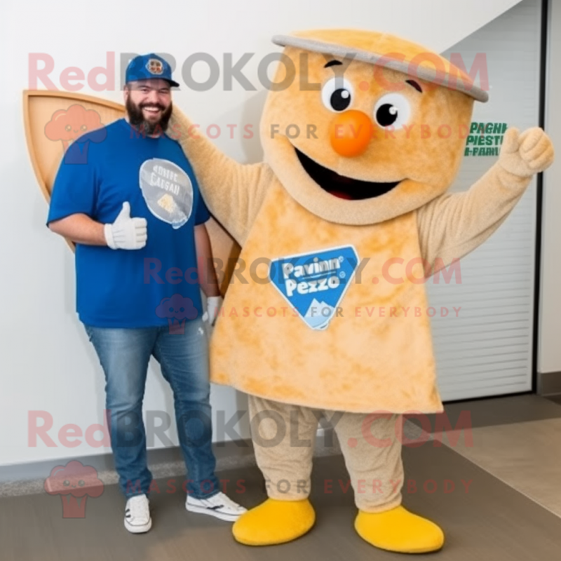 Tan Pizza Slice mascot costume character dressed with a Jeans and Keychains Tan Pizza Slice mascot costume character dressed with a Jeans and Keychains