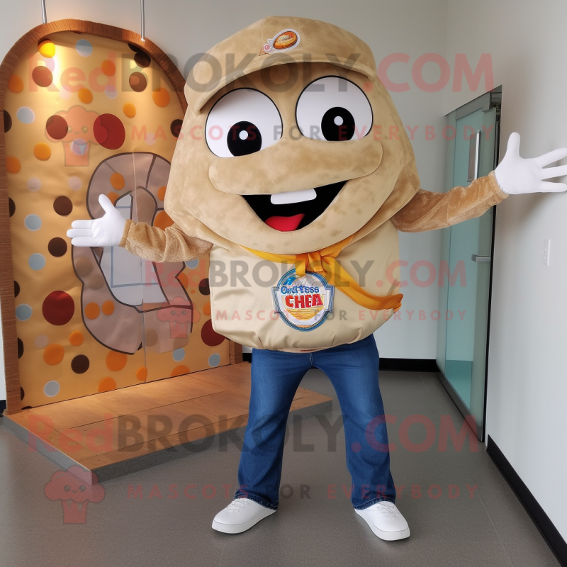 Tan Pizza Slice mascot costume character dressed with a Jeans and Keychains Tan Pizza Slice mascot costume character dressed with a Jeans and Keychains