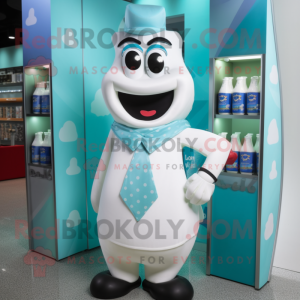 Turquoise Bottle Of Milk mascot costume character dressed with a Poplin Shirt and Pocket squares