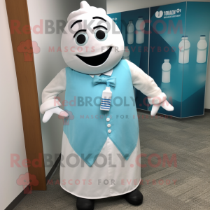 Turquoise Bottle Of Milk mascot costume character dressed with a Poplin Shirt and Pocket squares