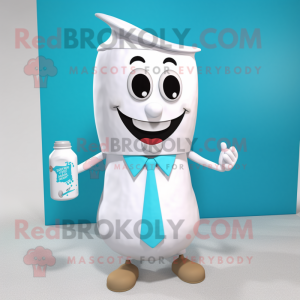 Turquoise Bottle Of Milk mascot costume character dressed with a Poplin Shirt and Pocket squares