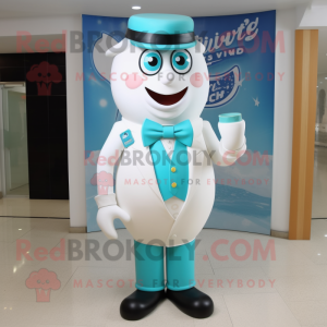 Turquoise Bottle Of Milk mascot costume character dressed with a Poplin Shirt and Pocket squares
