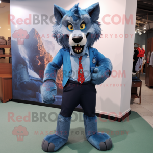 Blue Werewolf mascot costume character dressed with a Polo Tee and Bow ties