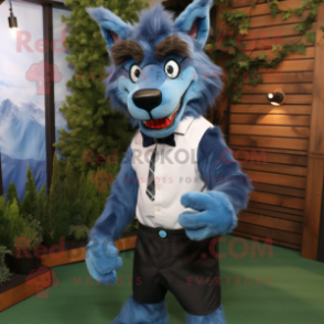 Blue Werewolf mascot costume character dressed with a Polo Tee and Bow ties