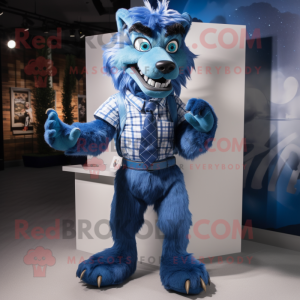 Blue Werewolf mascot costume character dressed with a Polo Tee and Bow ties
