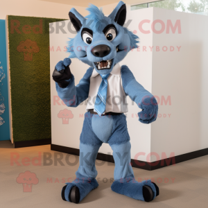 Blue Werewolf mascot costume character dressed with a Polo Tee and Bow ties