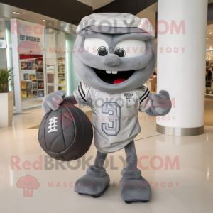 Gray American Football Helmet mascot costume character dressed with a Henley Shirt and Handbags