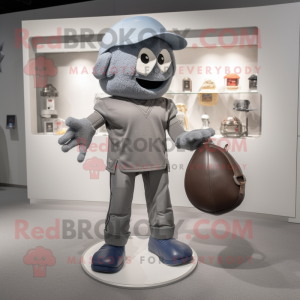 Gray American Football Helmet mascot costume character dressed with a Henley Shirt and Handbags