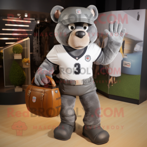 Gray American Football Helmet mascot costume character dressed with a Henley Shirt and Handbags