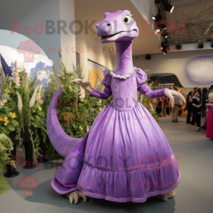 Lavender Diplodocus mascot costume character dressed with a Empire Waist Dress and Brooches