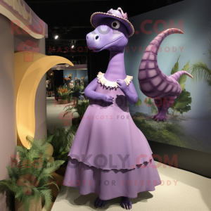 Lavender Diplodocus mascot costume character dressed with a Empire Waist Dress and Brooches