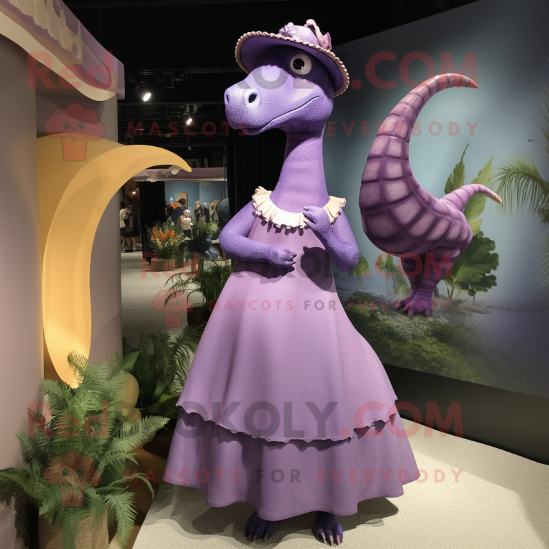 Lavender Diplodocus mascot costume character dressed with a Empire Waist Dress and Brooches Lavender Diplodocus mascot costume character dressed with a Empire Waist Dress and Brooches