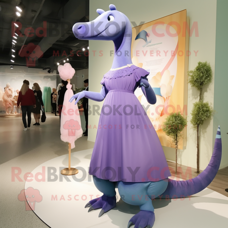 Lavender Diplodocus mascot costume character dressed with a Empire Waist Dress and Brooches