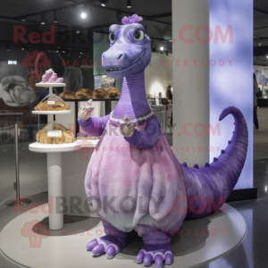 Lavender Diplodocus mascot costume character dressed with a Empire Waist Dress and Brooches