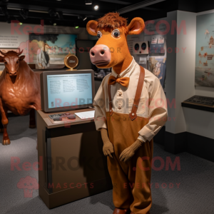 Brown Guernsey Cow mascot costume character dressed with a Oxford Shirt and Coin purses