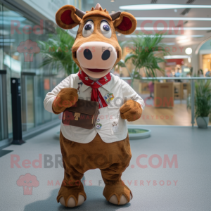 Brown Guernsey Cow mascot costume character dressed with a Oxford Shirt and Coin purses