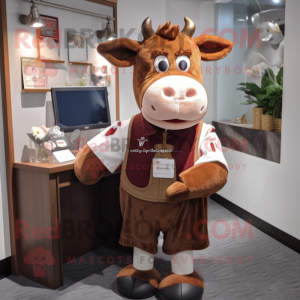 Brown Guernsey Cow mascot costume character dressed with a Oxford Shirt and Coin purses