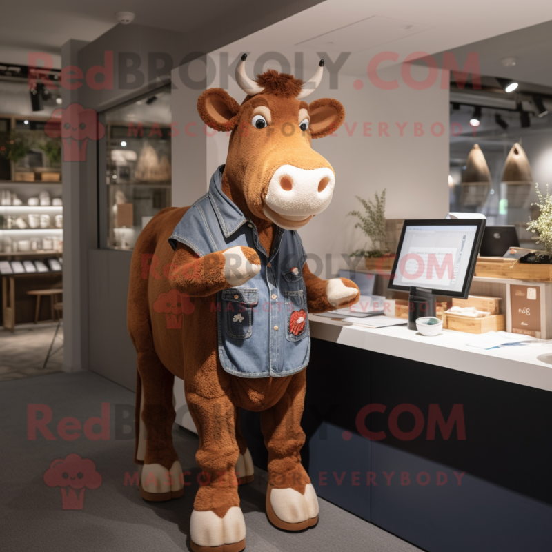 Brown Guernsey Cow mascot costume character dressed with a Oxford Shirt and Coin purses