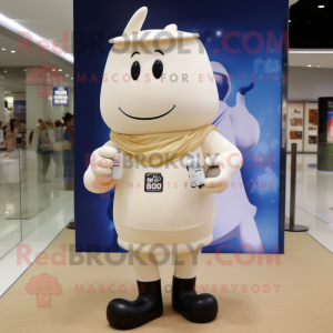 Beige Bottle Of Milk mascot costume character dressed with a Jeggings and Messenger bags