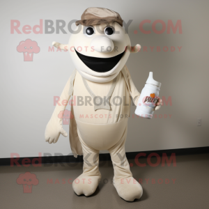 Beige Bottle Of Milk mascot costume character dressed with a Jeggings and Messenger bags