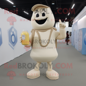 Beige Bottle Of Milk mascot costume character dressed with a Jeggings and Messenger bags